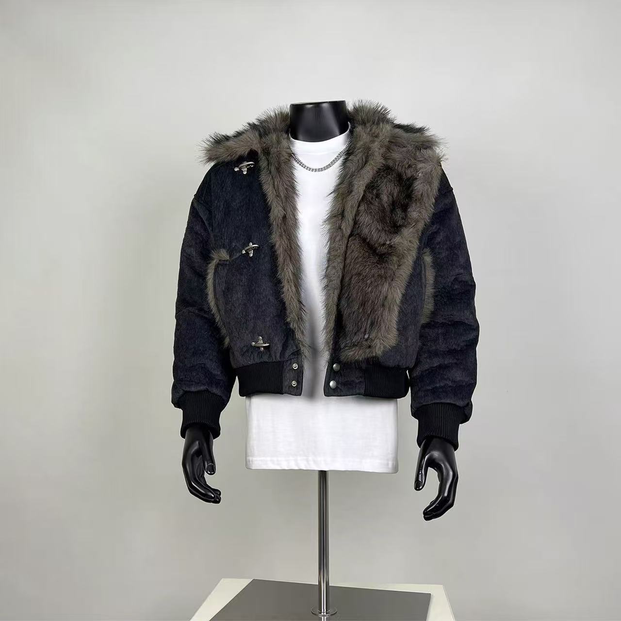 Dark Grey Faux Fur Trim Cropped Puffer Jacket – Toggle Closure Street Style