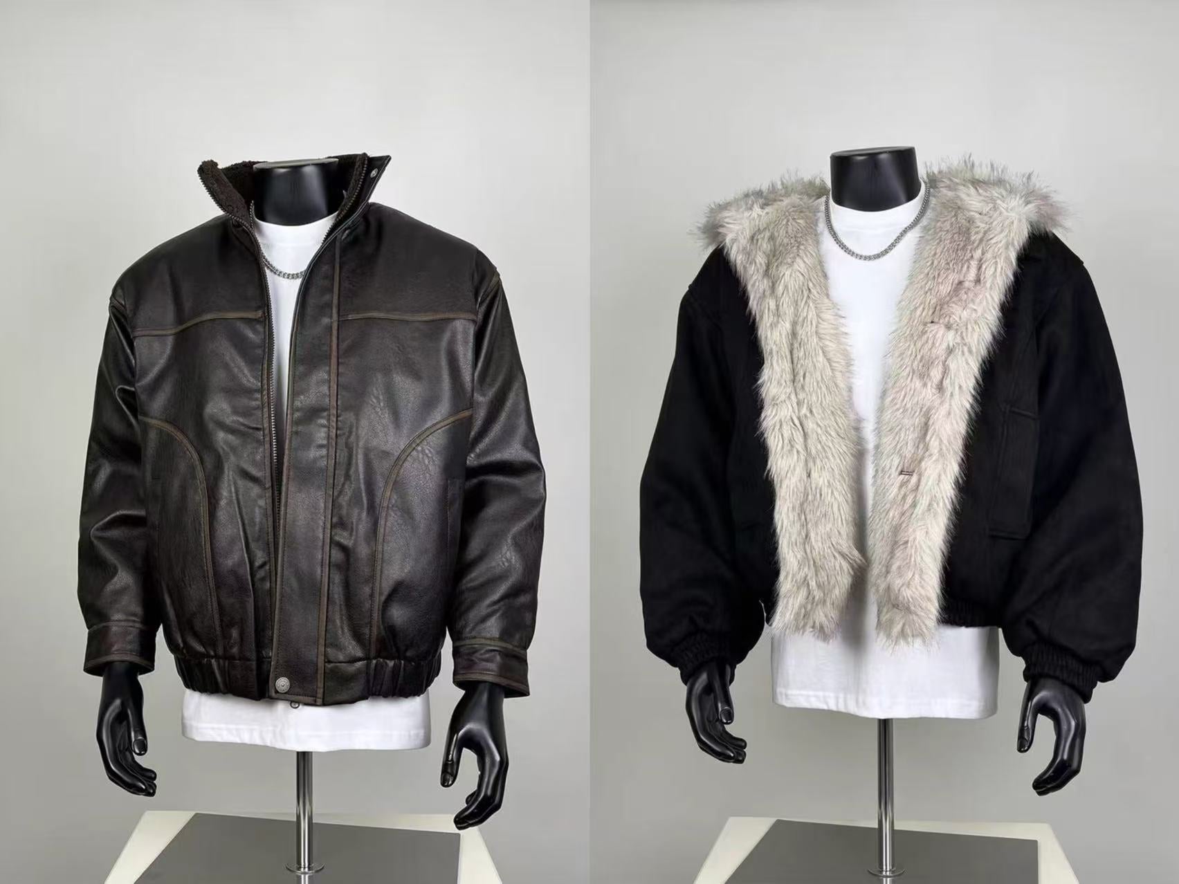 Vintage Faux Leather Jacket & Faux Fur Lined Bomber - Men's Winter Streetwear Set