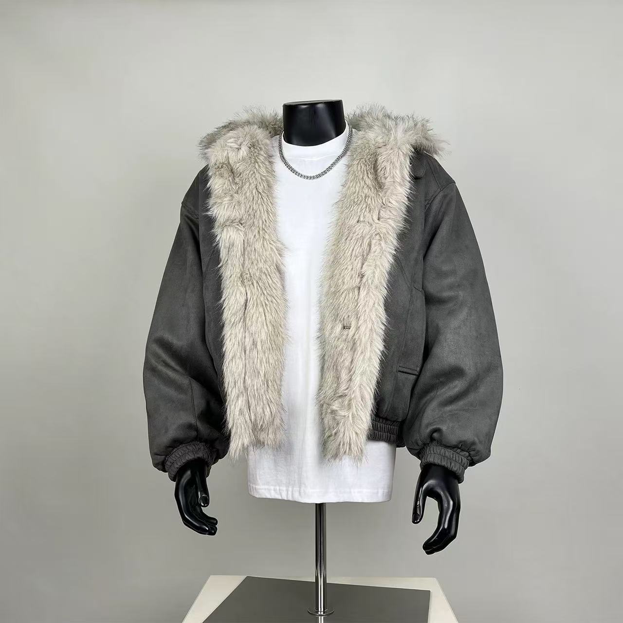 Oversized Faux Fur Lined Suede Jacket - Streetwear Style