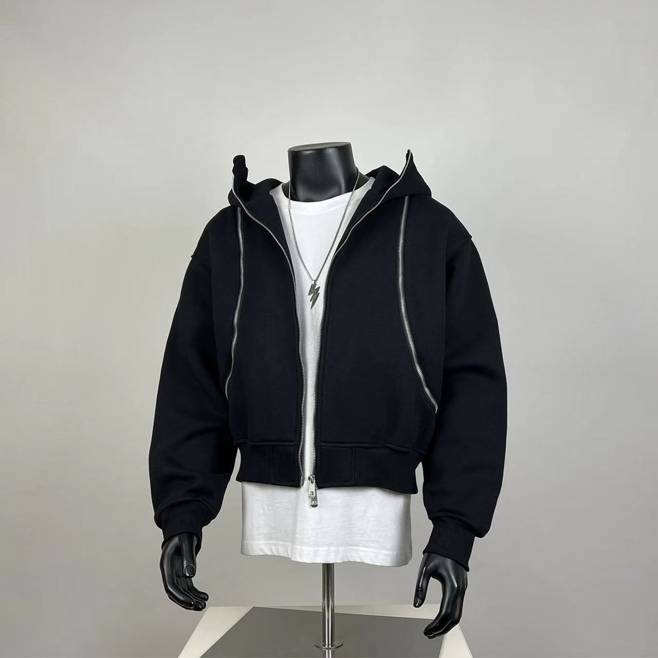 Black Oversized Cropped Zip-Up Hoodie - Double Zipper Heavyweight Sweatshirt